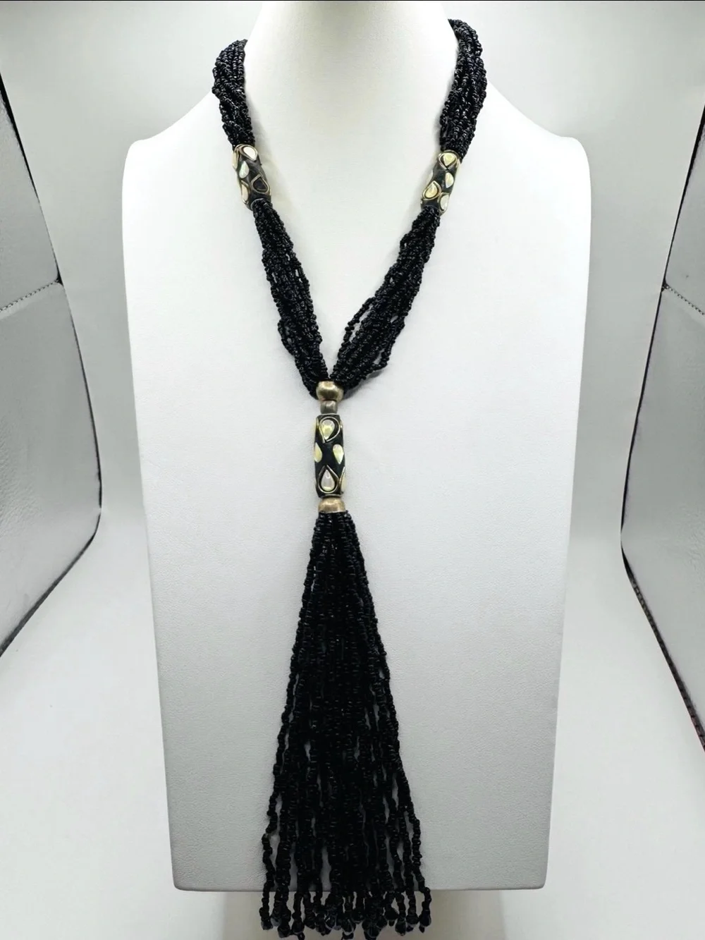 Vintage Ethnic Multi-Strand Black Seed Bead Tassel Necklace- Tribal Inlaid Bone